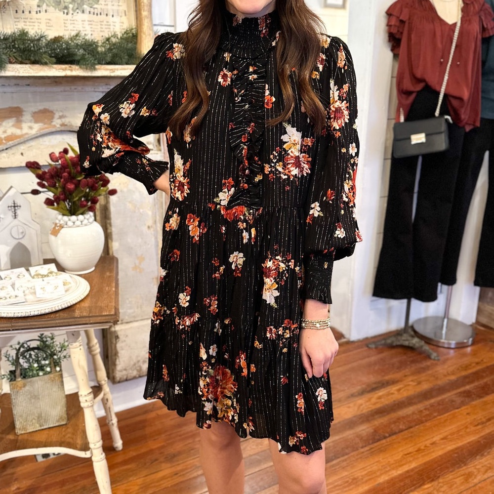NEW W/ TAGS! Women’s Lurex Floral High-Neck Midi Dress in Black NWT